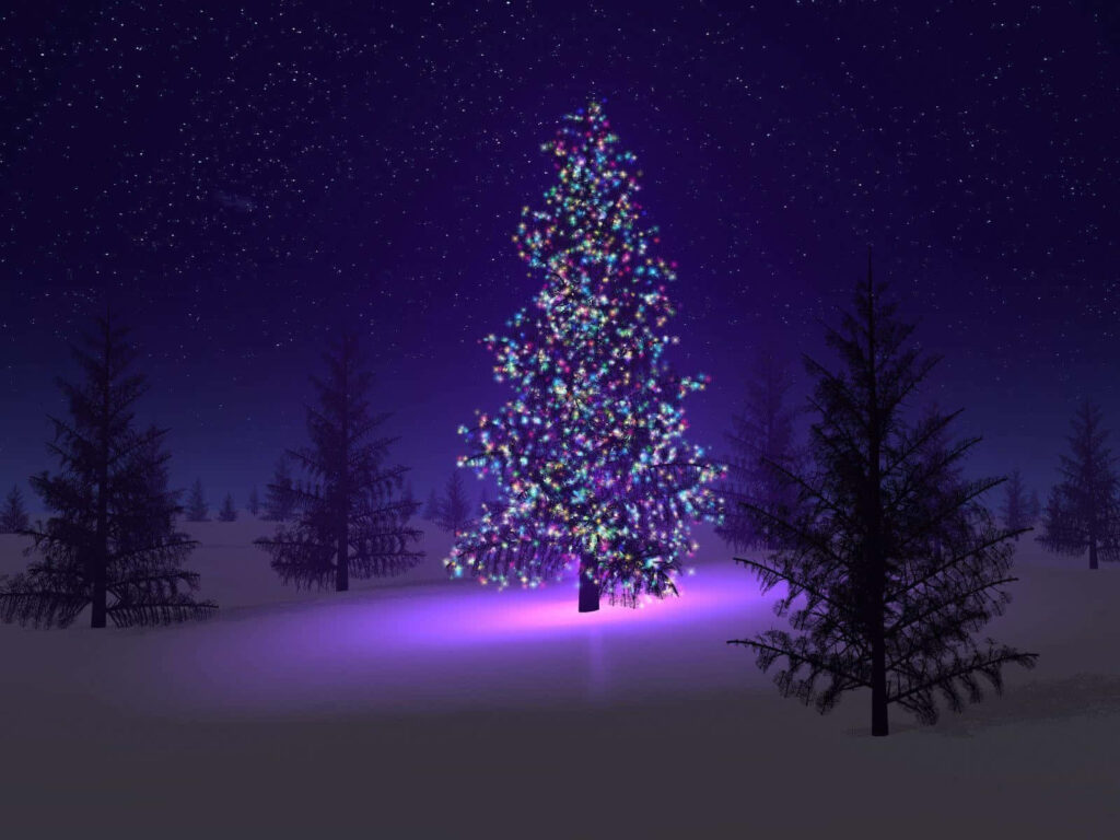 Festive Christmas Tree Gleams in Serene Winter Night Landscape Wallpaper