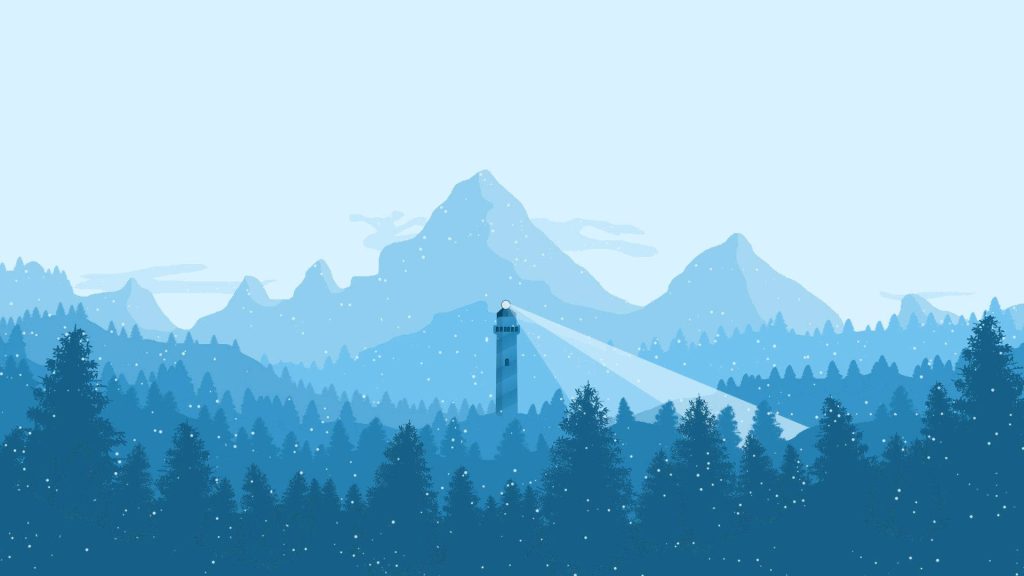 Minimalist winter landscape digital illustration with lighthouse, snowy forest, and blue mountains Wallpaper