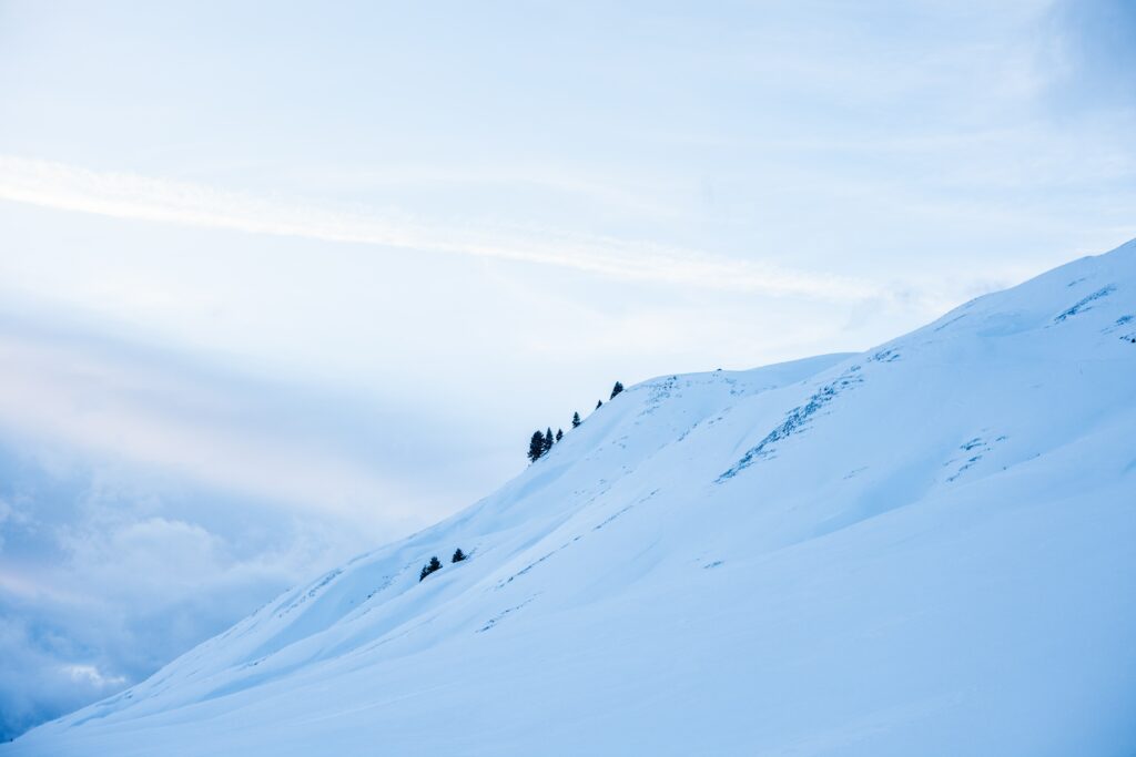 Snow-covered mountain slope with evergreen trees under pastel sky serene winter landscape wallpaper