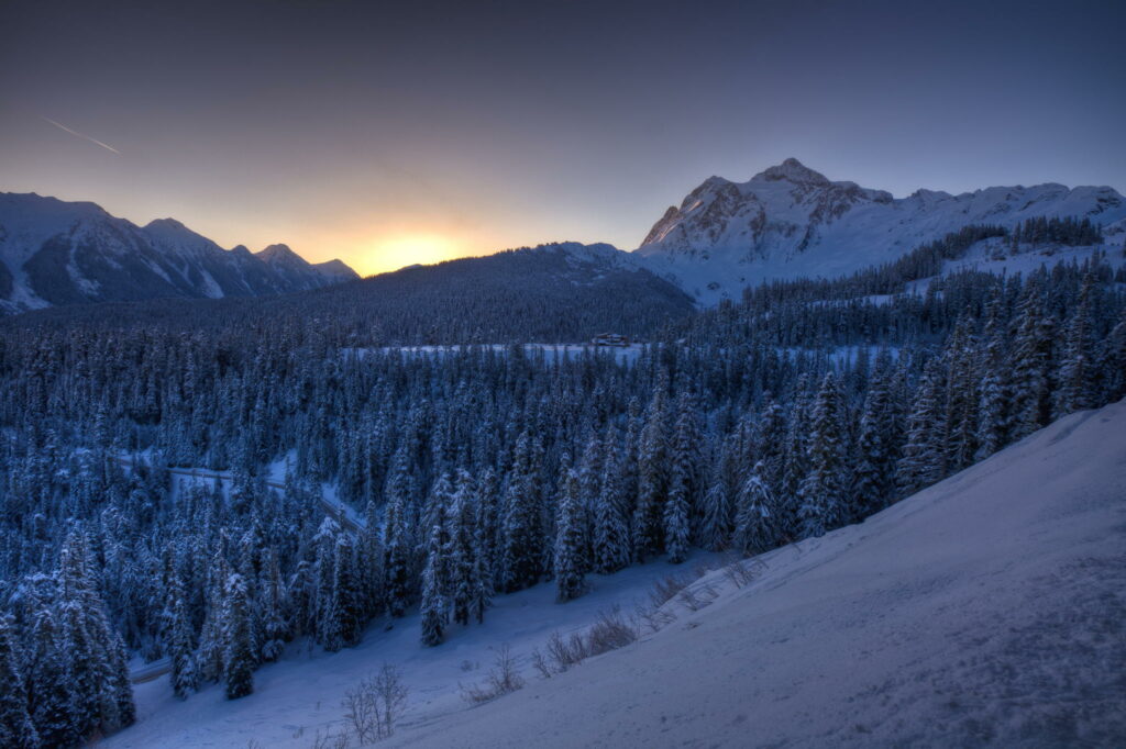 Serene winter landscape with snow-covered mountains pine forests twilight sky golden glow Wallpaper