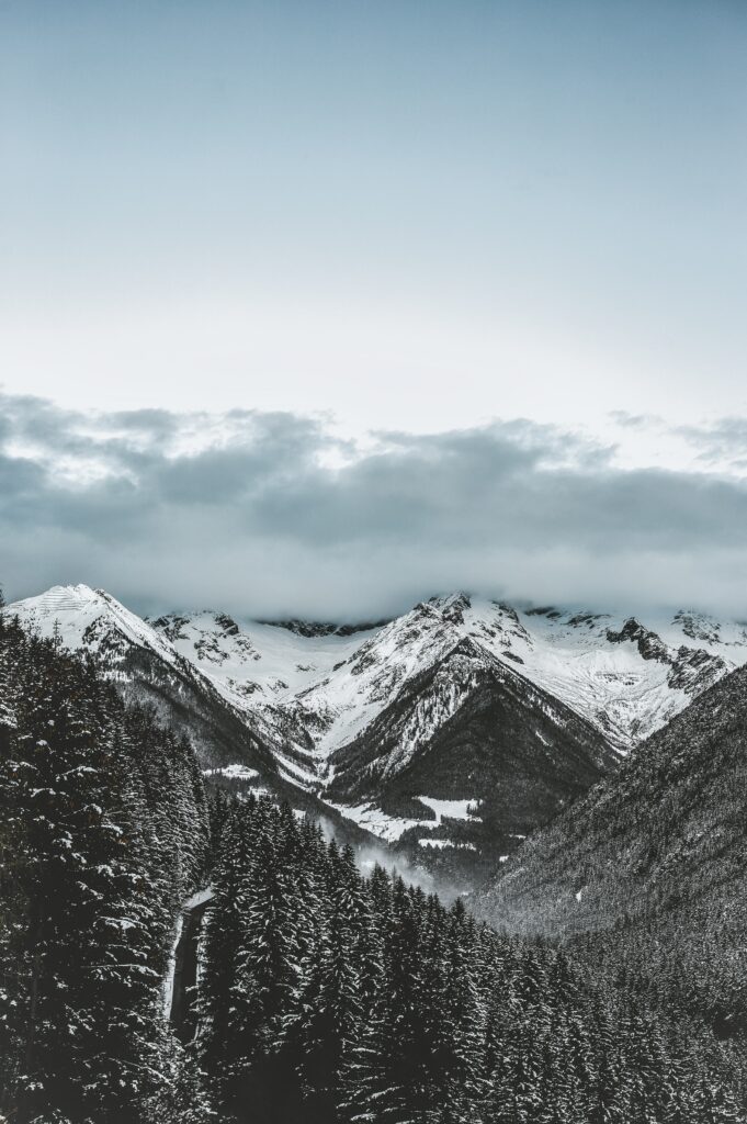 Snowy mountain peaks above dense pine forests with clouds creating a serene winter landscape Wallpaper