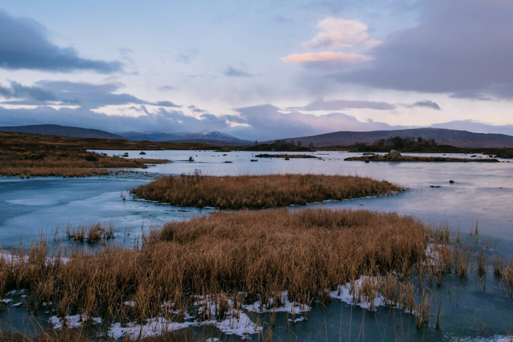 Serene winter river with icy waters golden reeds small islands and distant hills under cloudy sky Wallpaper