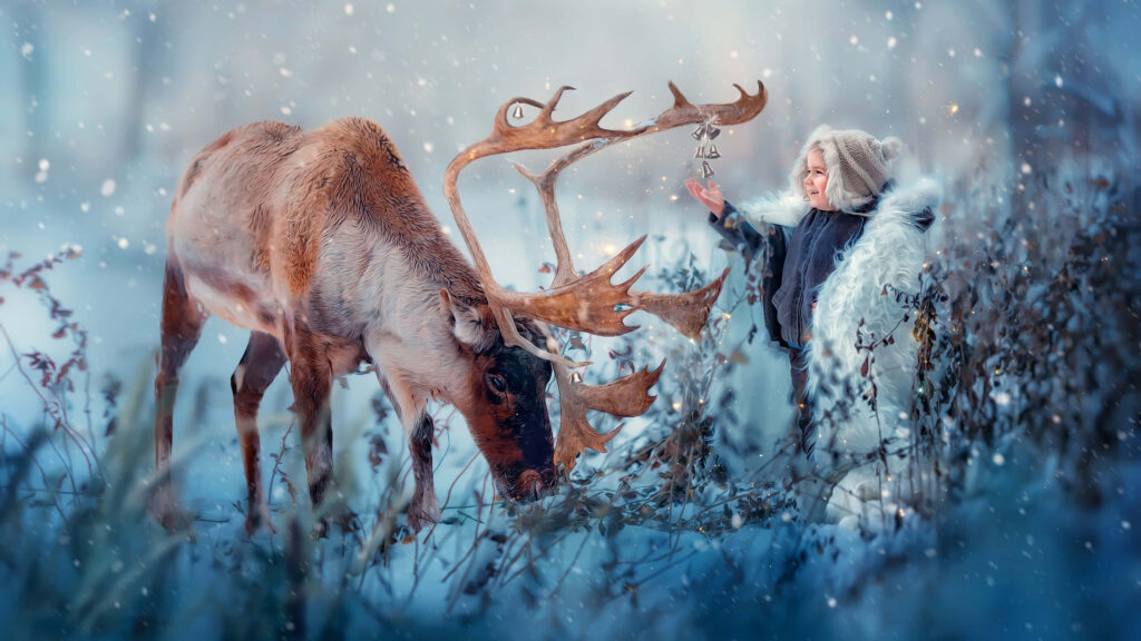 Serene Winter Scene: Reindeers in Snowfall - Wallpaper Background