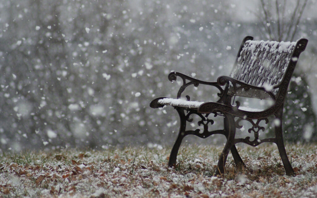 Serene Winter Scene: Snow-Covered Bench & Falling Snowflakes Wallpaper
