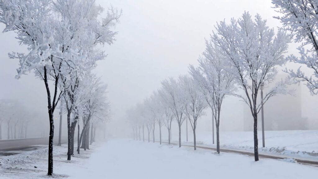 Tranquil Winter Wallpaper: Frozen Trees & Snowy Pathway Scene