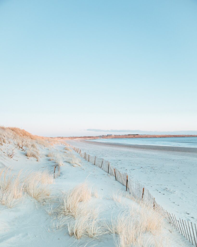 Frosty snow-covered sand dunes with pale grass and rustic fence under clear blue winter sky wallpaper