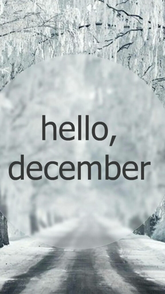 Serene winter wallpaper with snowy road and frost-covered trees saying hello December background
