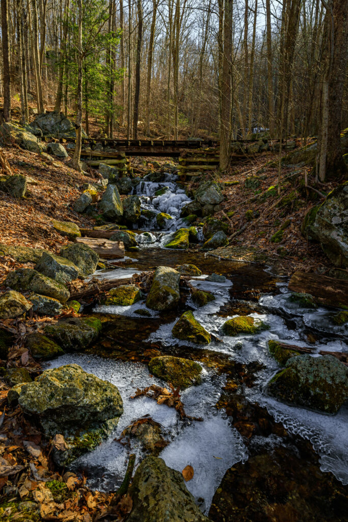 Serene forest stream with mossy stones icy patches rustic wooden bridge early winter wallpaper