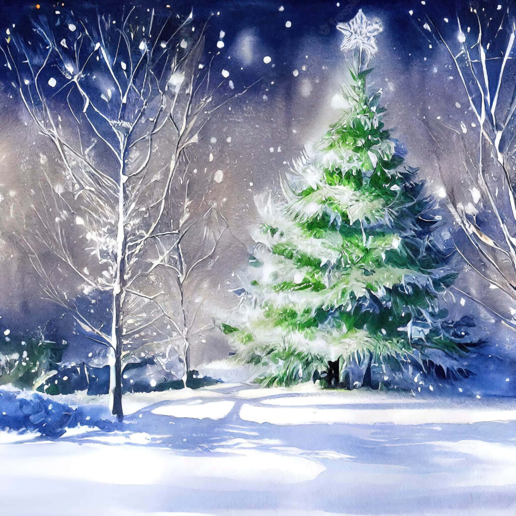 Serene Winter Wallpaper: Snowy Christmas Tree & Starry Sky Background