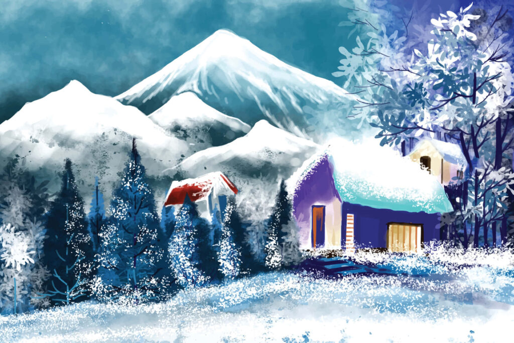 Serene Winter Wallpaper: Cozy Cabin & Snowy Mountain Landscape