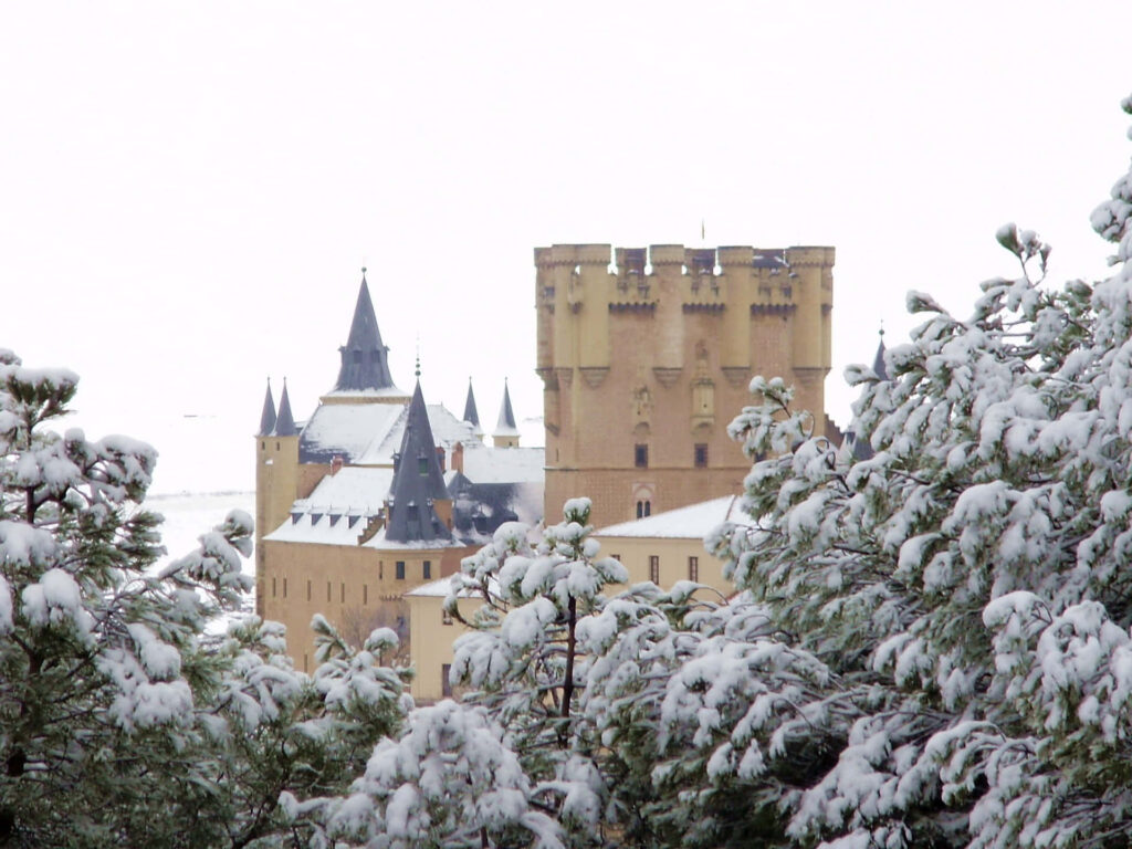 Winter Serene View: Segovia Castle Amidst Snowy Trees Wallpaper
