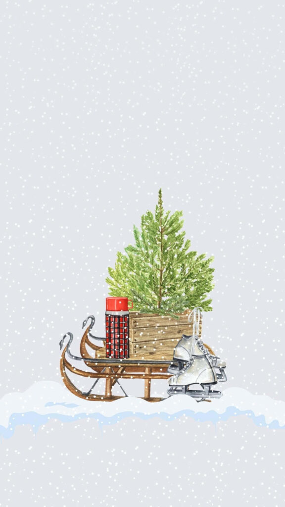 Serene Winter Wallpaper: Sled, Evergreen, Ice Skates & Snowflakes