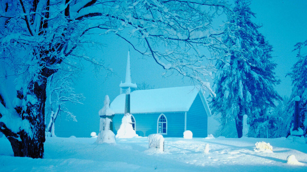 Serene Winter Wallpaper: Snowy Church & Frosted Trees Background