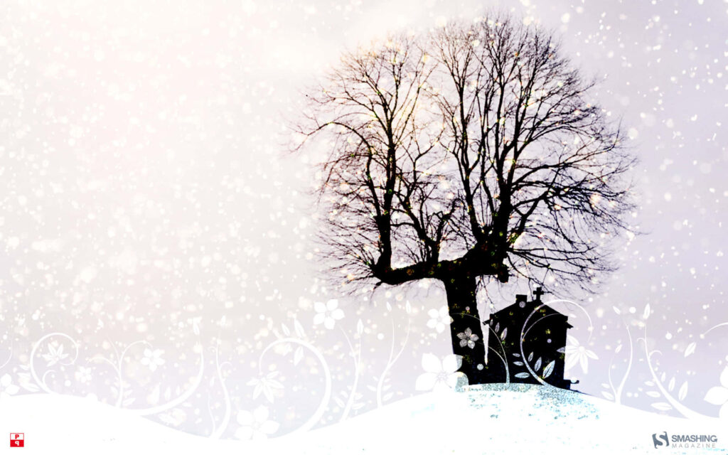 Serene Winter Wallpaper: Solitary Tree & Gentle Snowfall Background