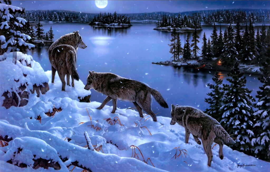 Serene Winter Wallpaper: Wolves Trekking Under Moonlit Snowy Landscape