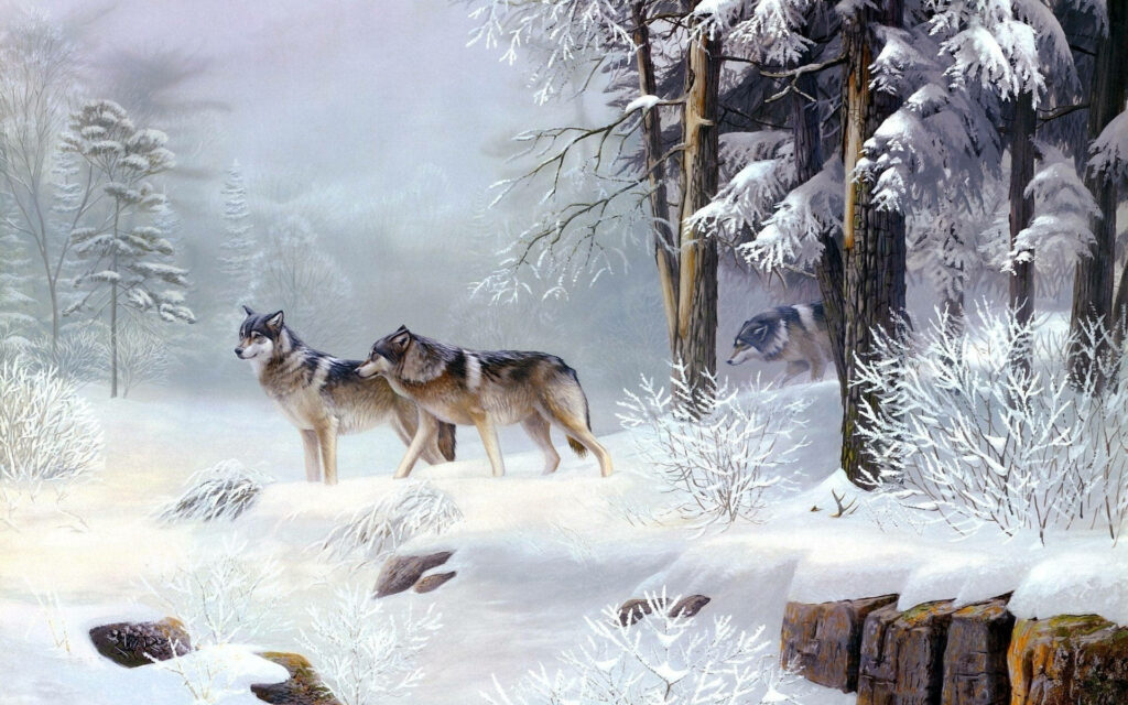 Serene Winter Wolves in Snowy Forest - Tranquil Desktop Wallpaper