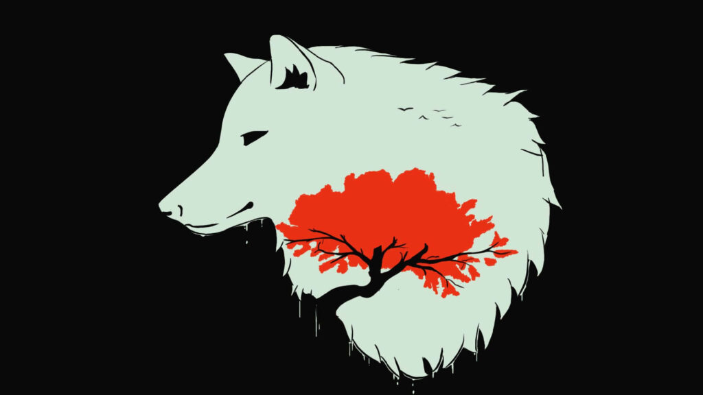 Minimalist Wolf Wallpaper: Serene Design with Red Tree Contrast