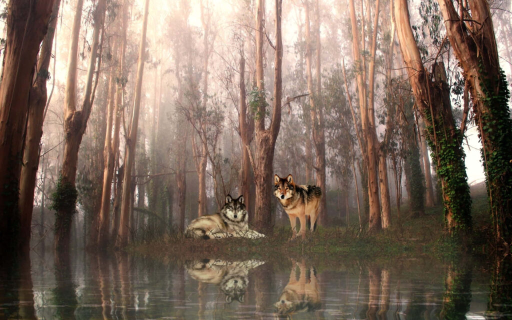 Serene Wolf Wallpaper: Misty Forest with Towering Trees & Reflections