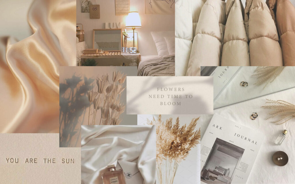 Workspace Bliss: A Beige Aesthetic Collage of Desk Objects, Books and Artificial Flowers as Wallpaper