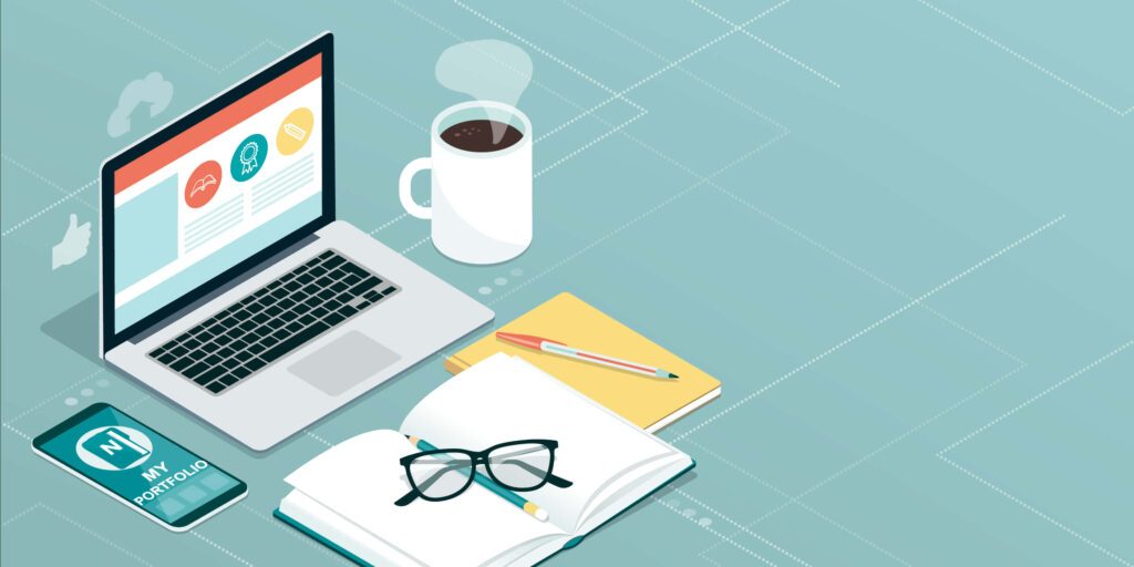Serene Workspace Setup: Laptop, Notebook & Coffee on Teal Background Wallpaper