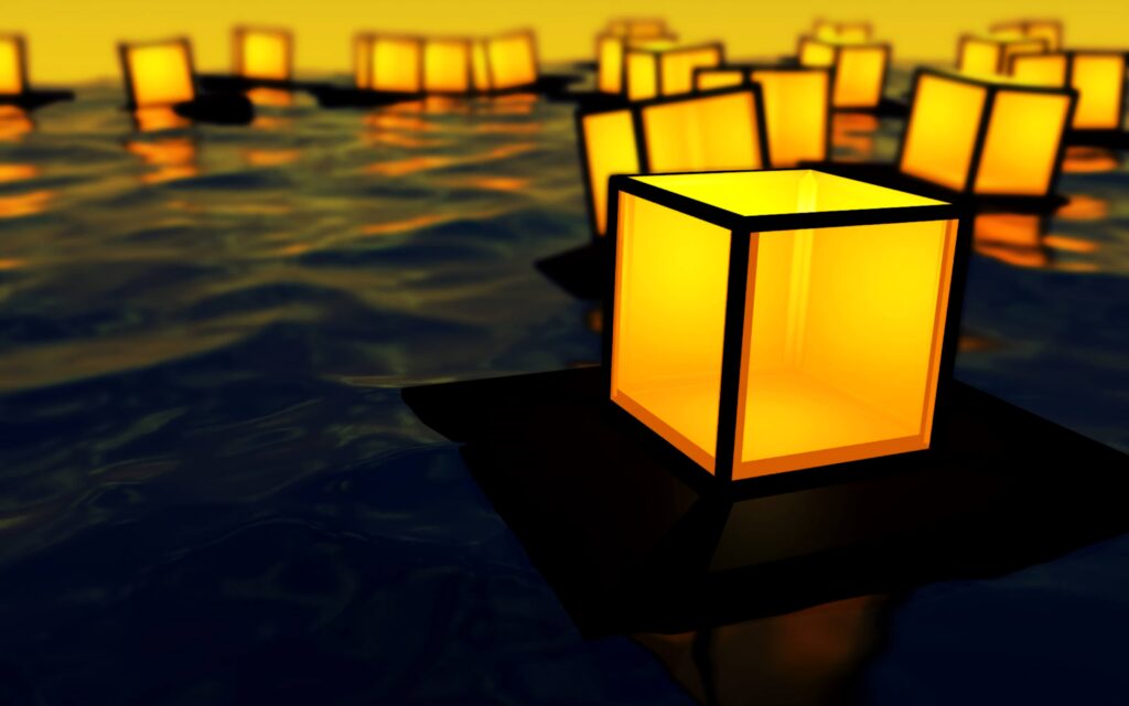 Serene 3D Yellow Cubes Wallpaper: Reflective Water Background 3200x2000