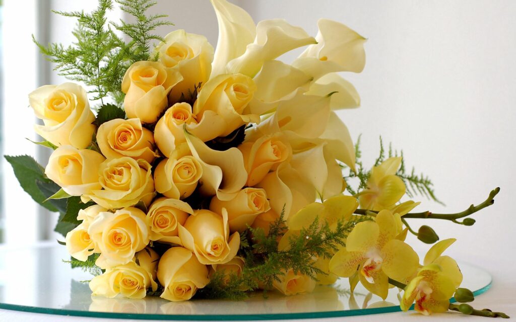 Elegant Yellow Roses & Lilies Bouquet on Glass | 1920x1200 Background Wallpaper