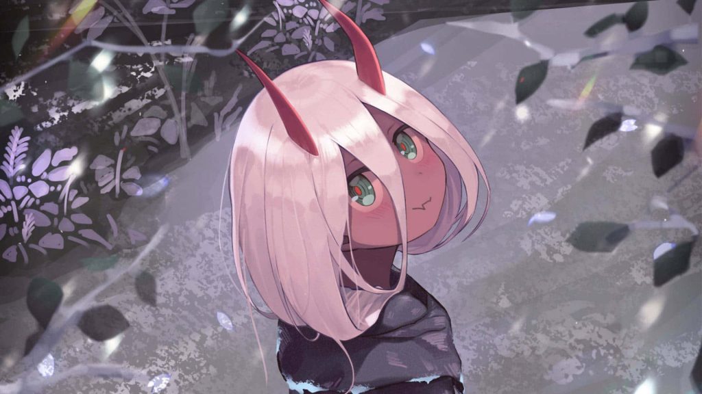 Zero Two from Darling in the Franxx with pink hair red horns and green eyes soft aesthetic wallpaper