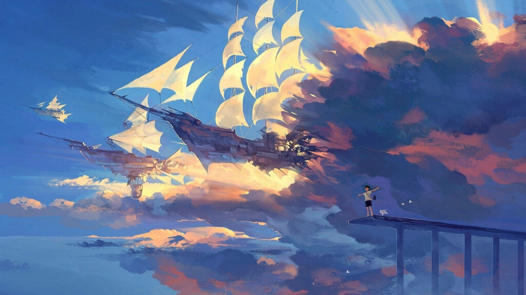 Ethereal Worlds: A Captivating Blue Anime Scenery Wallpaper