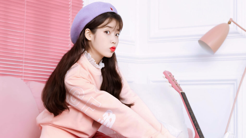 Pretty in Pink: IU's Pastel Perfection with a Purple Bonnet and Red Lips Wallpaper
