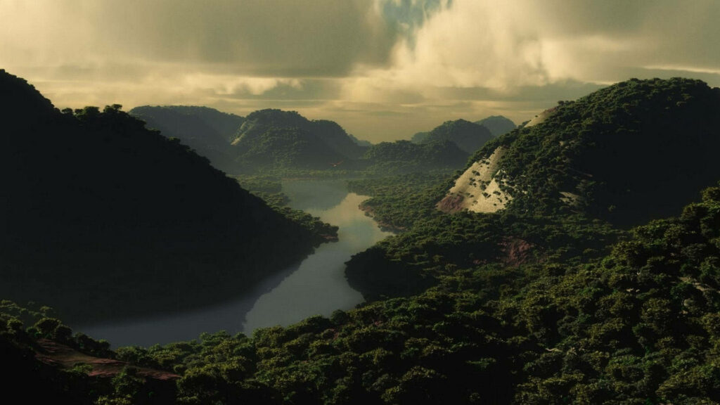 Serene Landscapes: Mesmerizing Mountain Ranges Embrace a Tranquil River in a Captivating Wallpaper