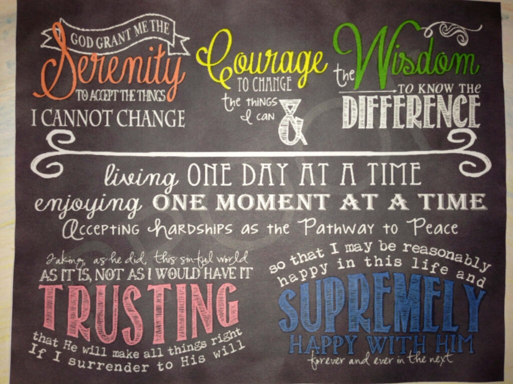 Chalkboard wallpaper with Serenity Prayer hand-lettered in vibrant colors emphasizing key words