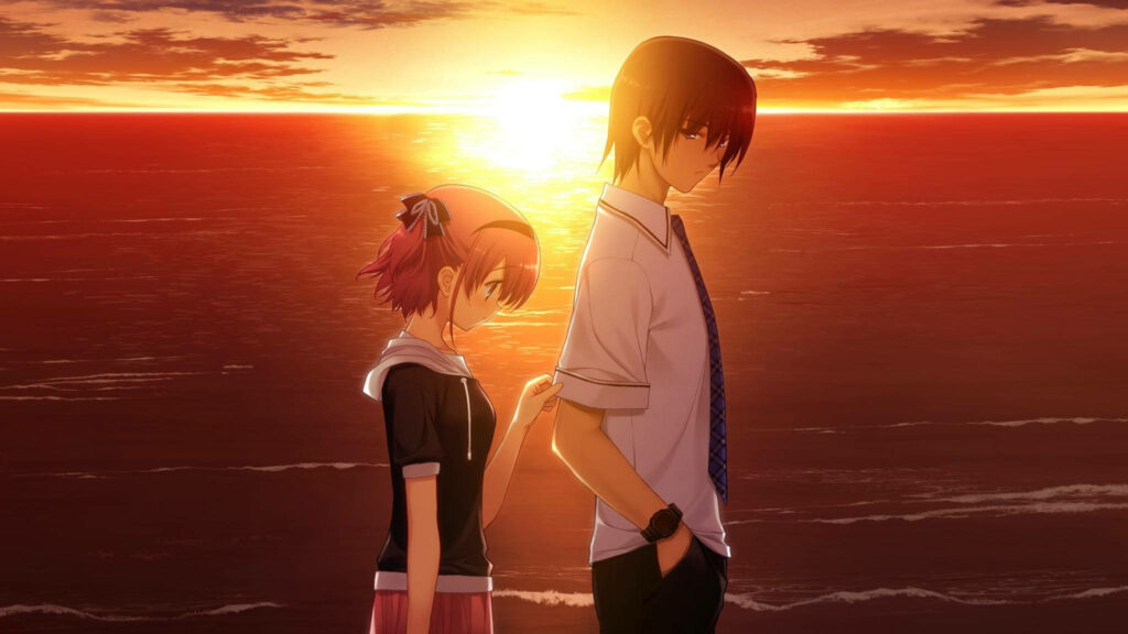 Love Blooms Under Sunset Skies: A Charming Anime Duo Strolling Hand-in-Hand Along the Ocean Shoreline Wallpaper