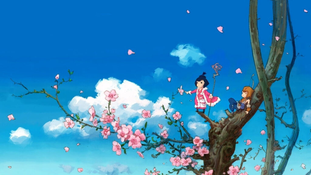 The Serene Beauty of Childhood: Two Playful Kids amidst Cherry Blossoms under a Dreamy Anime Sky Wallpaper