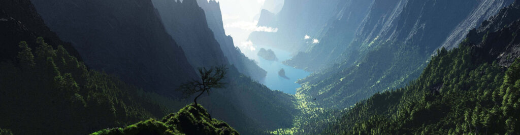 Captivating Serenity: Immersive Minimalist Dual Monitor Display with Majestic Mountains Wallpaper