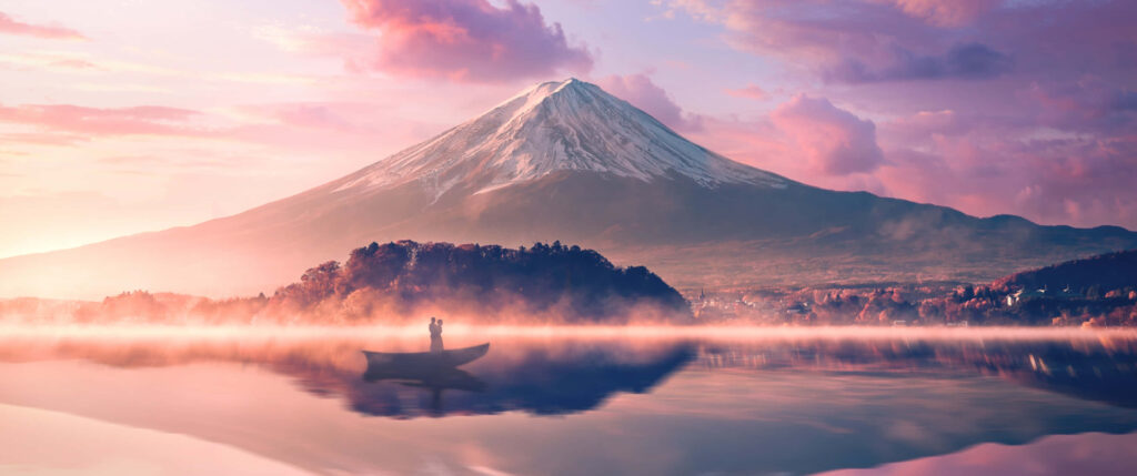 Lovers' Serenade on Fuji's Reflective Waters: Captivating Background Image of Mount Fuji for Romantics on a Boat Wallpaper