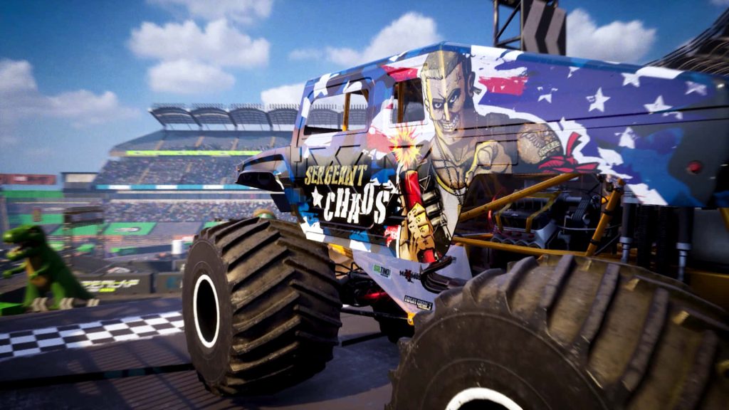 Sergeant Chaos monster truck with American flag racing in stadium Monster Truck Championship wallpaper