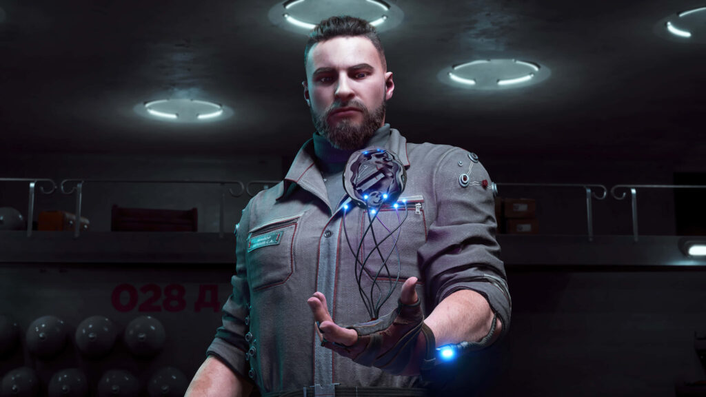 Sergey Nechaev from Atomic Heart in futuristic lab holding advanced holographic technology wallpaper