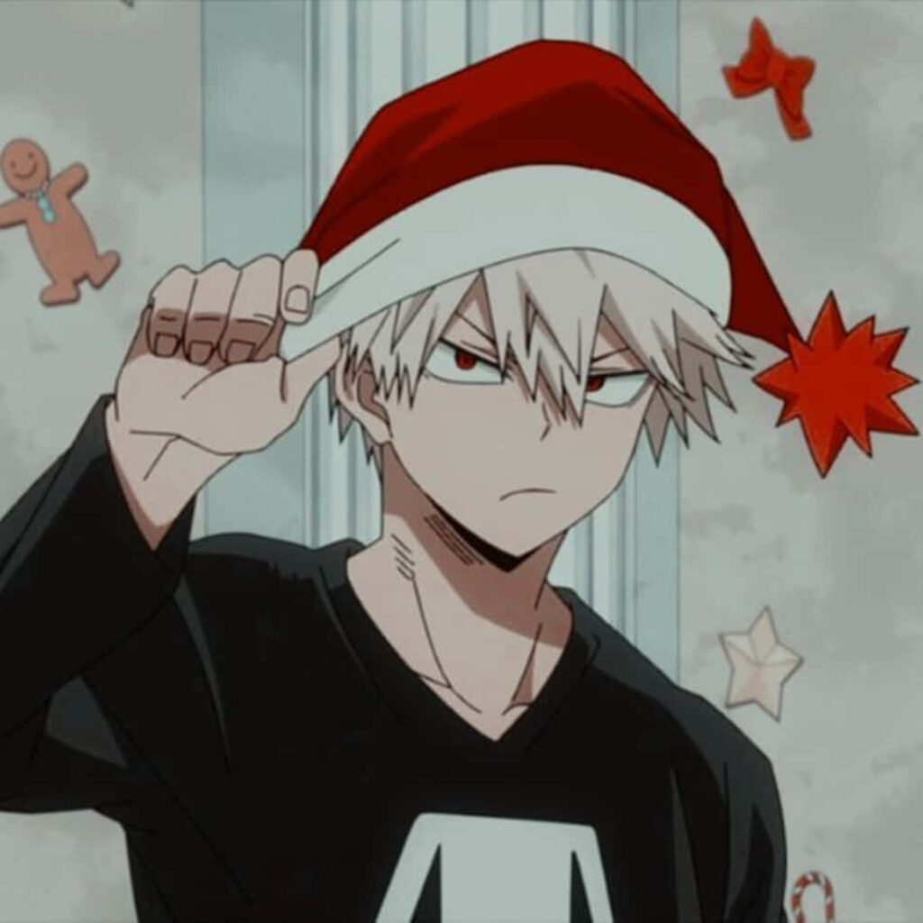 Serious Festive Anime Character in Santa Hat with Holiday Ornaments Wallpaper
