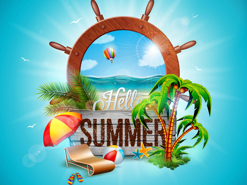 Tropical summer beach scene framed by wooden ship wheel with Hello Summer sign and palm trees Wallpaper