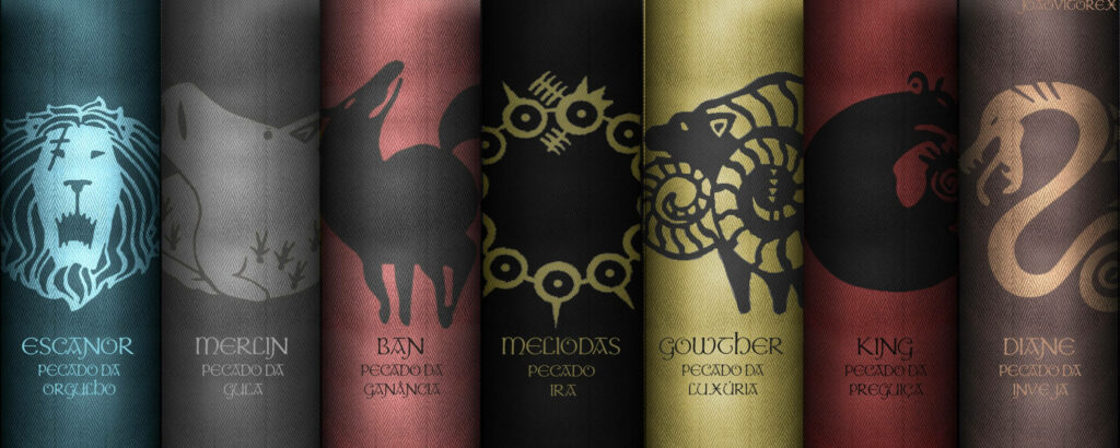 Seven Deadly Sins wallpaper with artistic character emblems symbolizing each sin and values