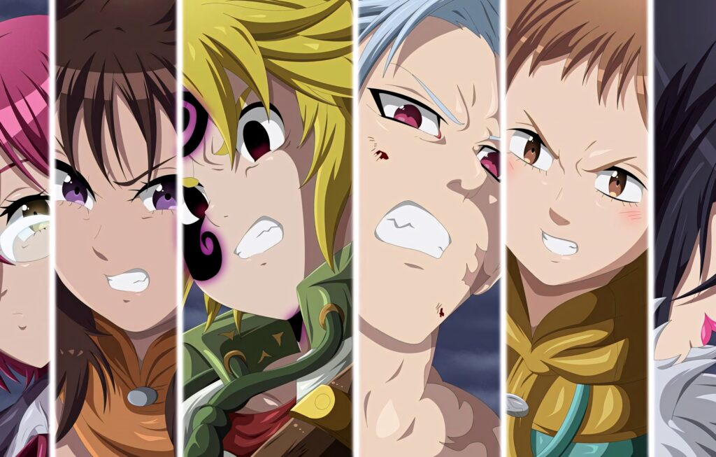Seven Deadly Sins anime characters in separate panels with determined expressions wallpaper background