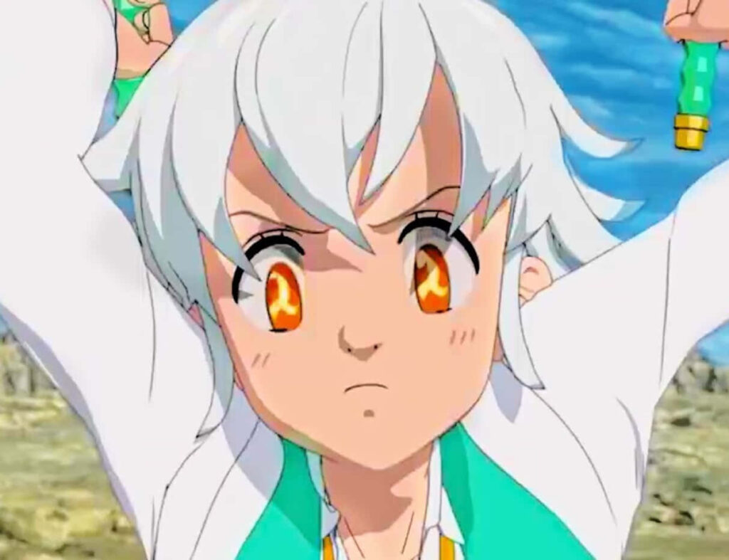 Determined Seven Deadly Sins character with fiery glowing eyes raising arms outdoors wallpaper