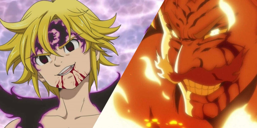 Seven Deadly Sins wallpaper Meliodas with demonic markings Escanor fiery power intense rivalry