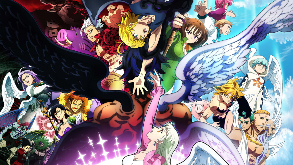 Seven Deadly Sins anime wallpaper featuring main characters in action with angels and demons background