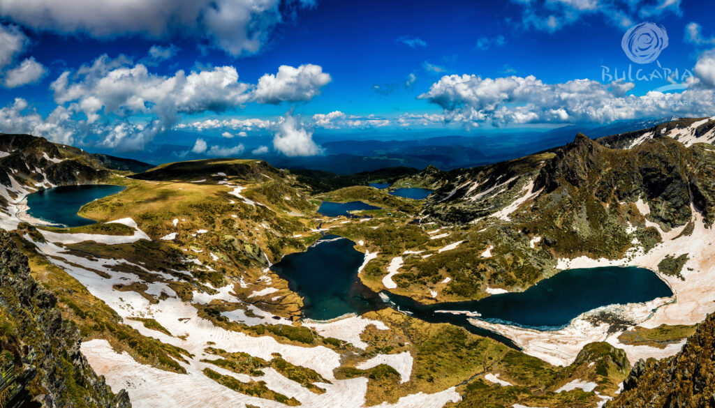 Seven Rila Lakes Bulgaria crystal clear mountain lakes rocky peaks snow lush greenery sky wallpaper