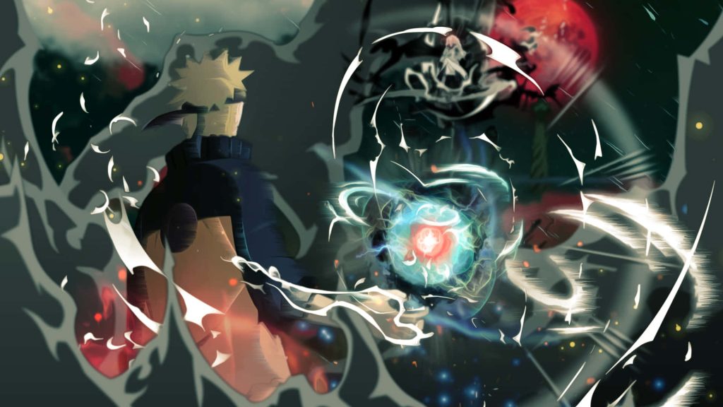Seventh Hokage Naruto Uzumaki with glowing Rasengan under red moon dark anime wallpaper