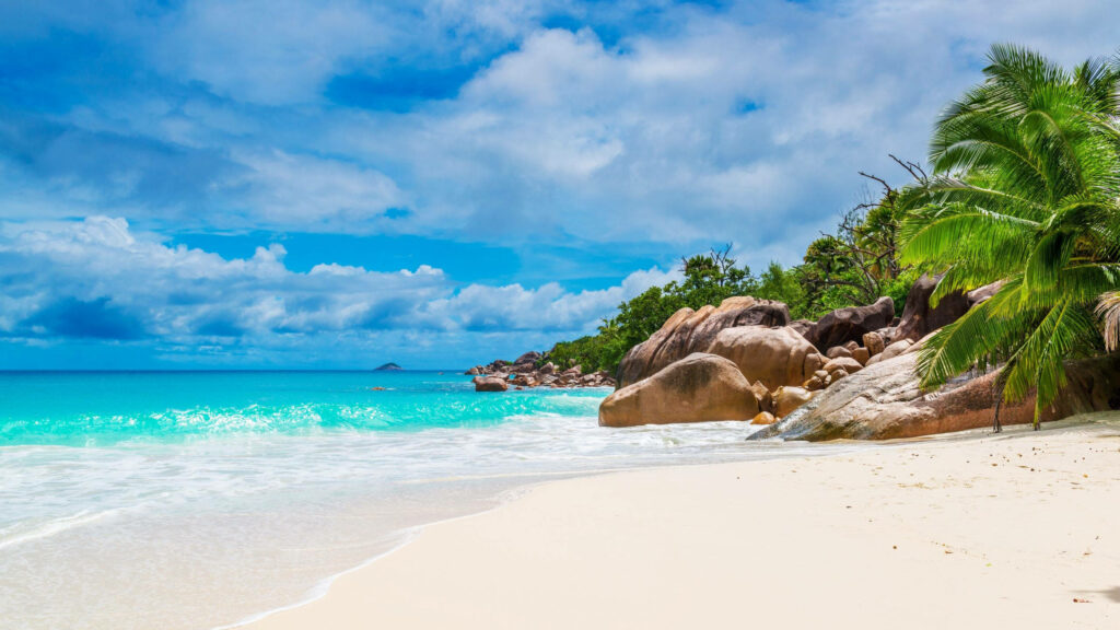Seychelles Paradise: White Sandy Beach & Turquoise Waters Wallpaper