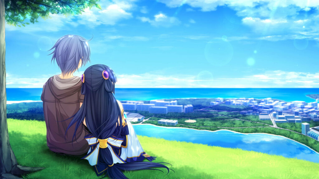 Anime couple enjoying peaceful moment together under shade of tree: serene landscape wallpaper for romantic anime fans
