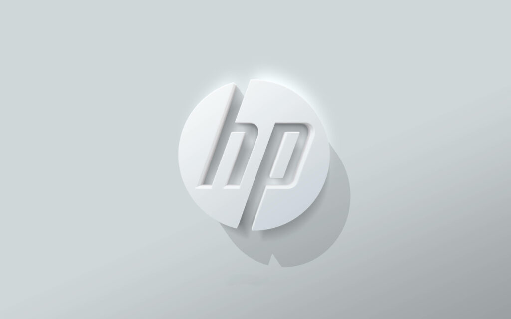 Shadow Dance: A Sleek White Surface Adorned with the 3D HP Laptop Logo Wallpaper