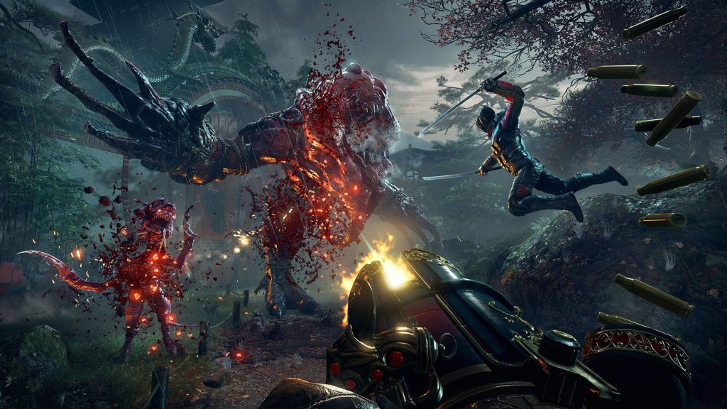 Shadow Warrior 3 wallpaper Lo Wang fights grotesque demons in rainy Japanese forest with blood splatter